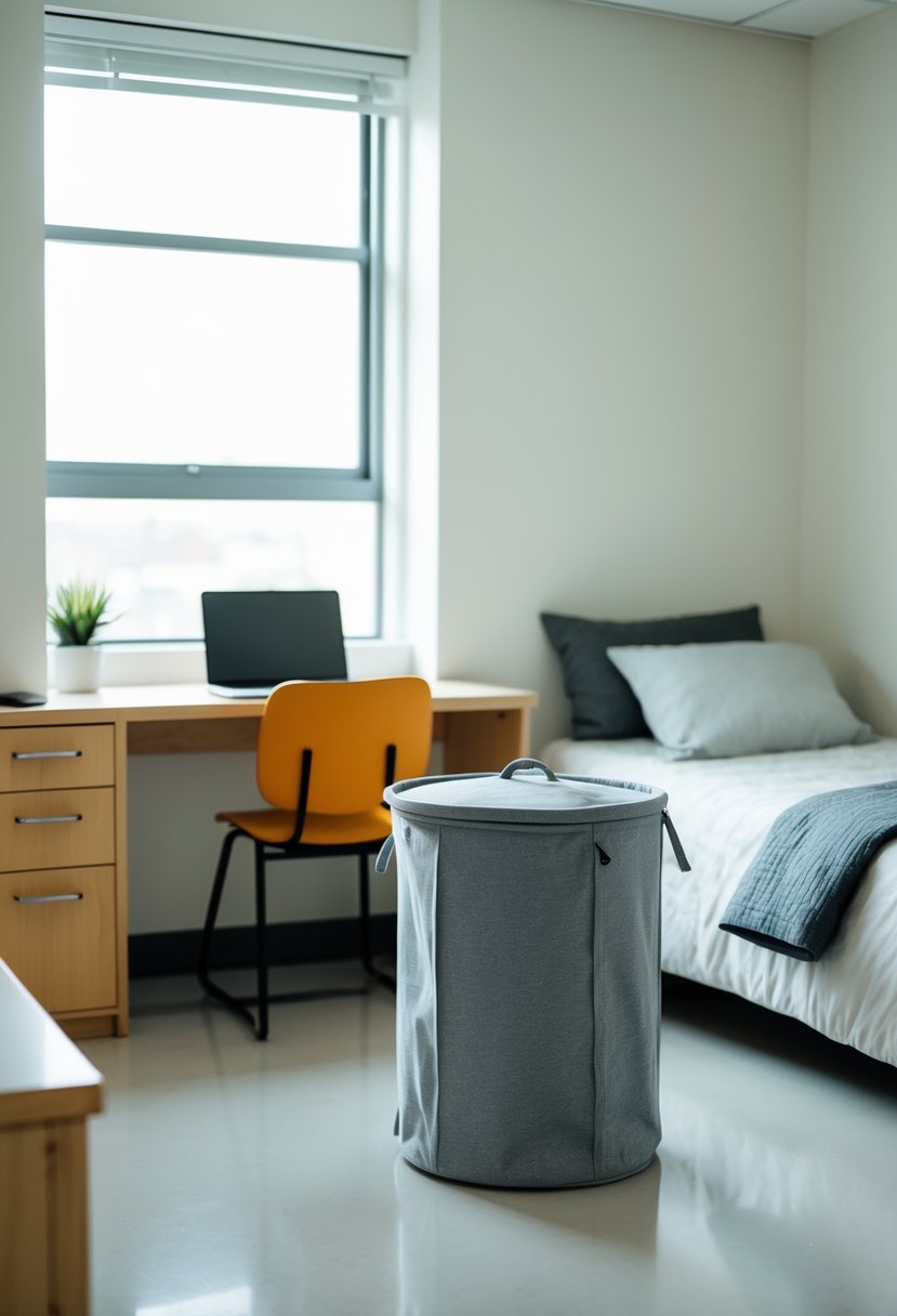 22 Minimalist Dorm Room Design Ideas for a Stylish and Functional Space 22 A tidy dorm room corner with a simple laundry hamper with a lid next to a bed and desk.