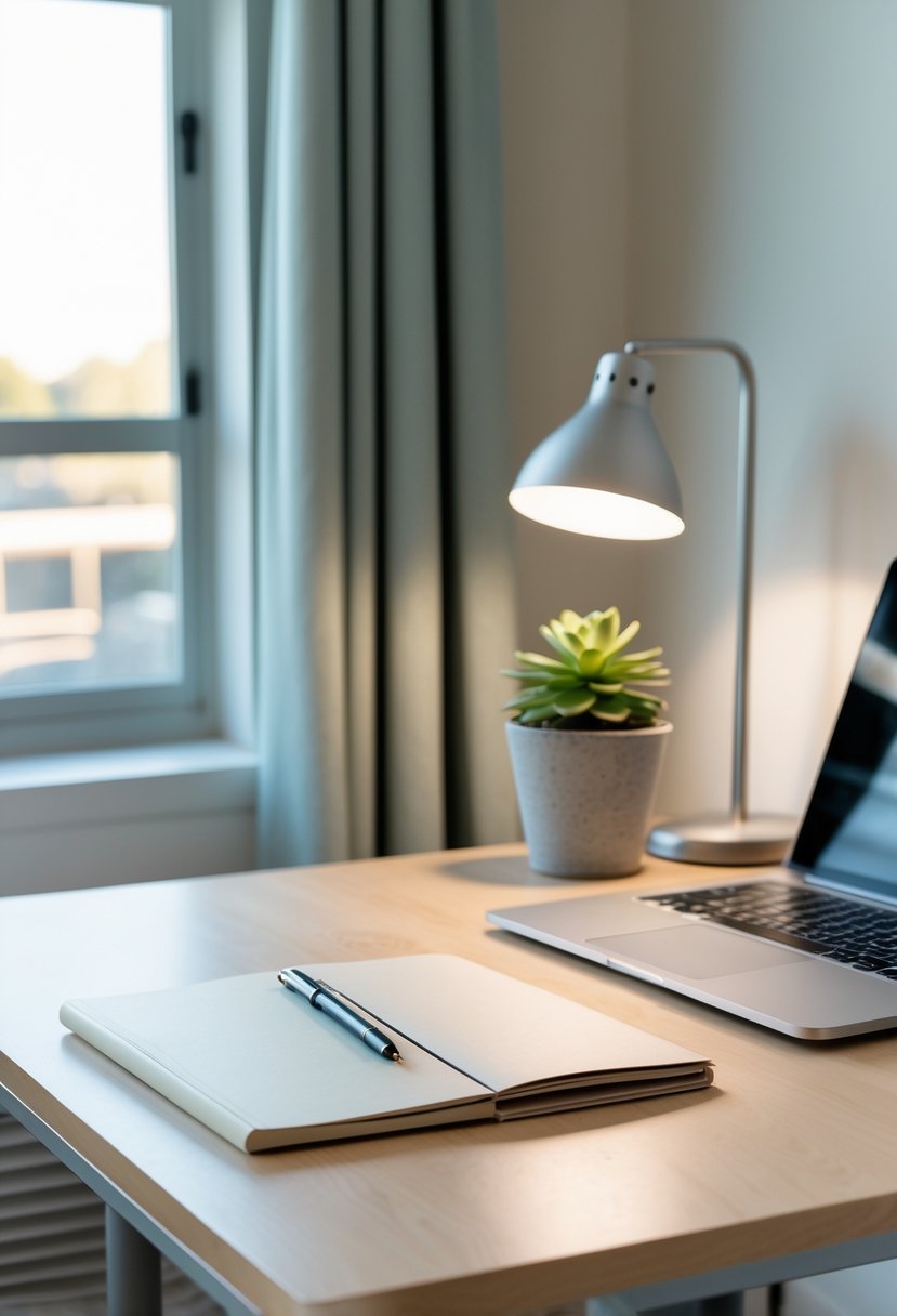 22 Minimalist Dorm Room Design Ideas for a Stylish and Functional Space 24 A tidy dorm room desk with a laptop, desk lamp, small plant, and notebook, bathed in natural light.