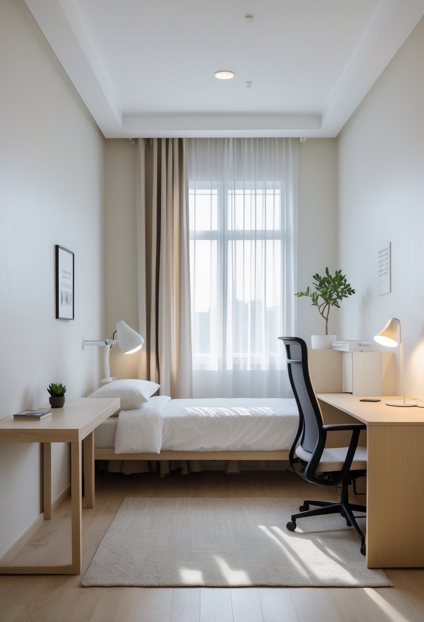 22 Minimalist Dorm Room Design Ideas for a Stylish and Functional Space 25 A clean and organized dorm room with a bed, desk, chair, window, and minimal decorations.