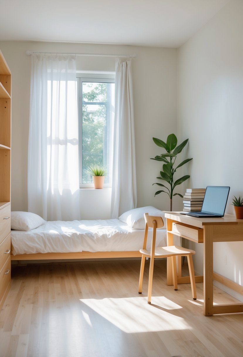 22 Minimalist Dorm Room Design Ideas for a Stylish and Functional Space 26 A tidy dorm room with a bed, desk, chair, laptop, books, and a potted plant near a window with natural light.