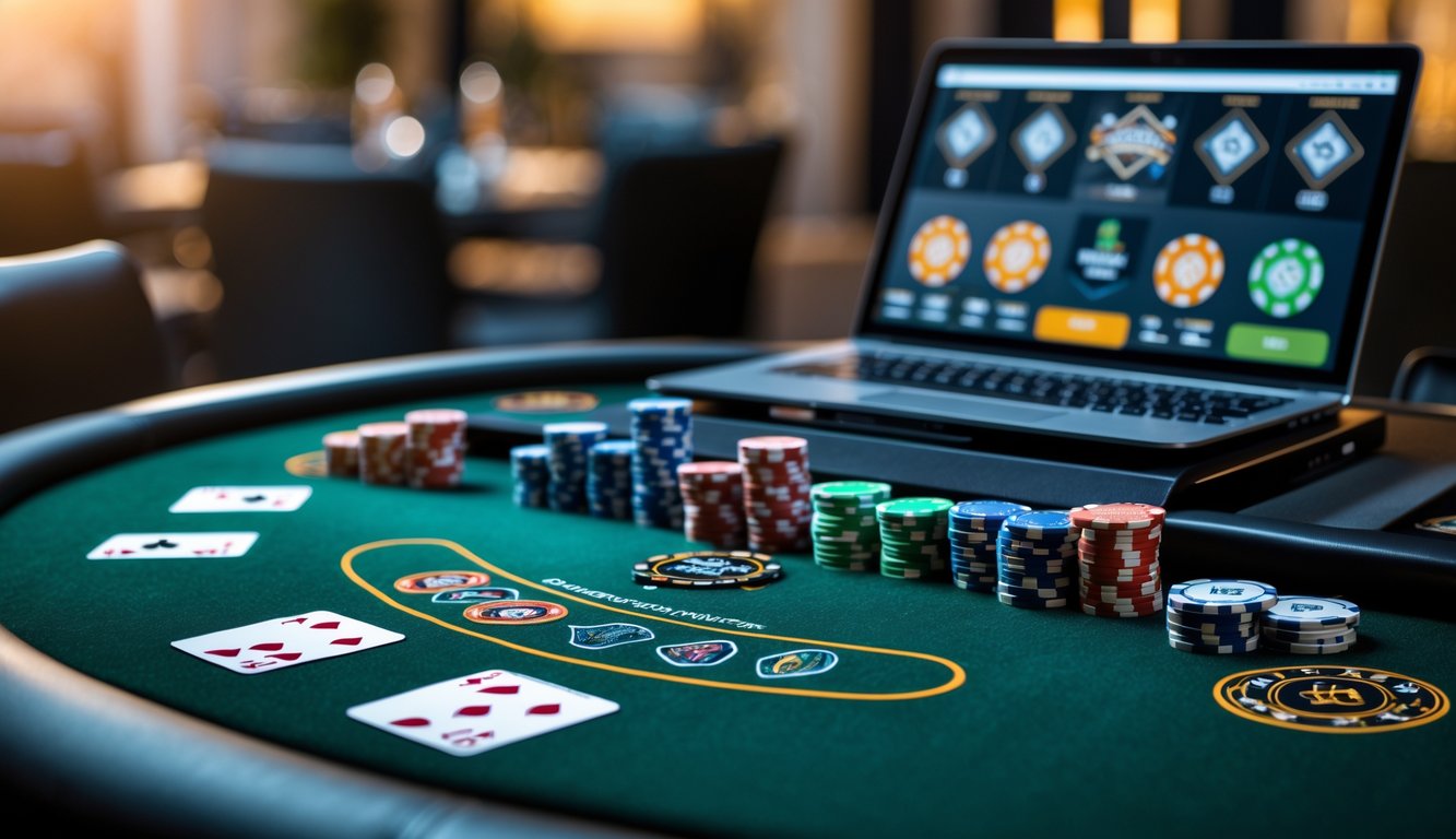Meja poker dengan chip, kartu, dan perangkat elektronik yang menampilkan permainan poker online.