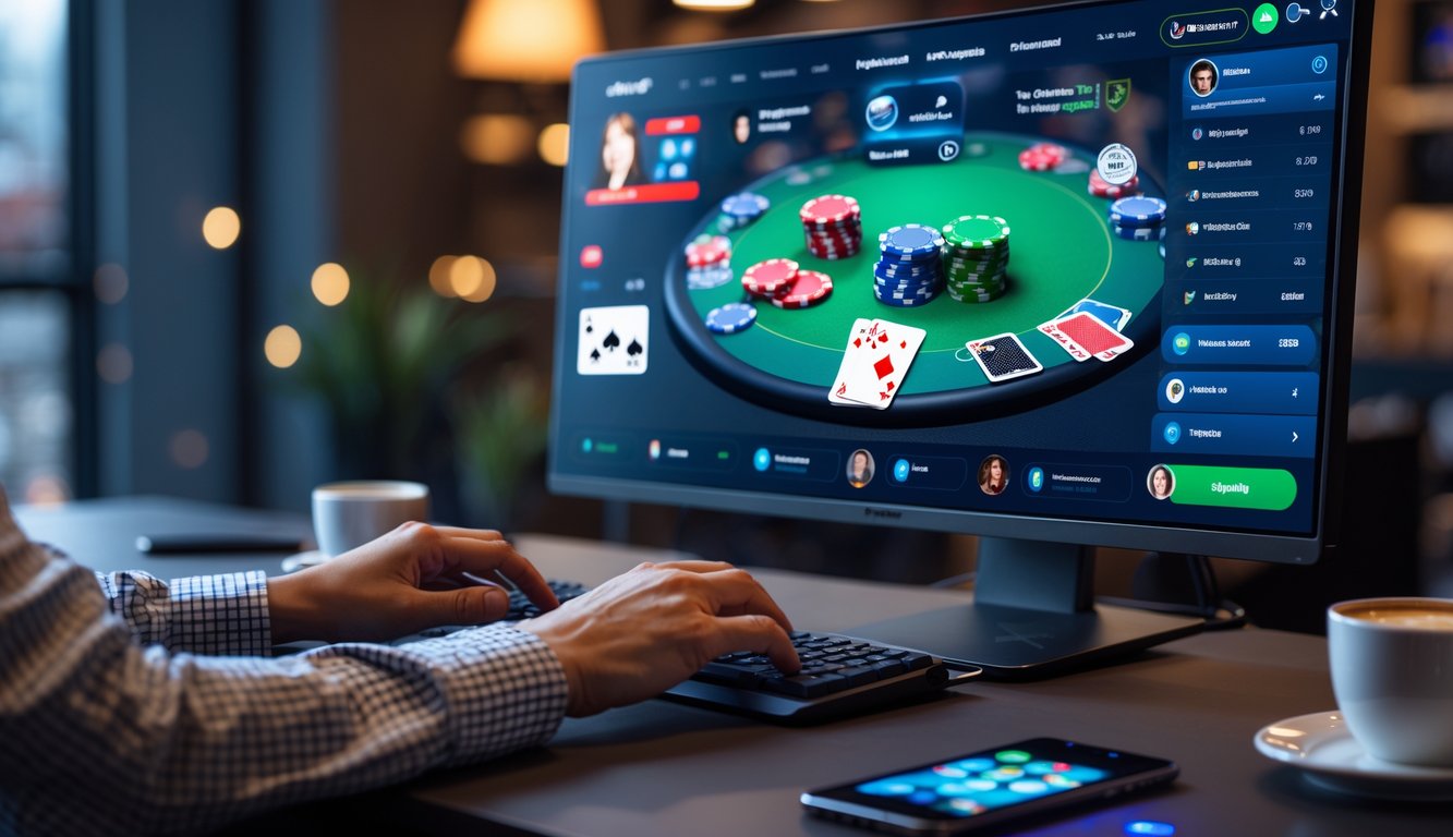 Seseorang sedang bermain poker online di komputer dengan tumpukan chip dan kartu terlihat di layar.