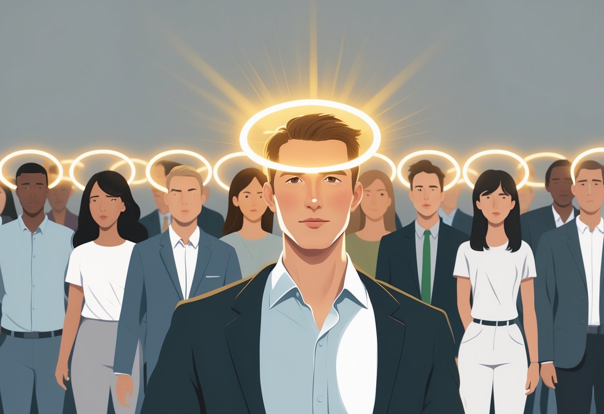 A group of people with glowing halos above their heads, one person in front with a bright halo being admired by others, illustrating how first impressions influence judgment.