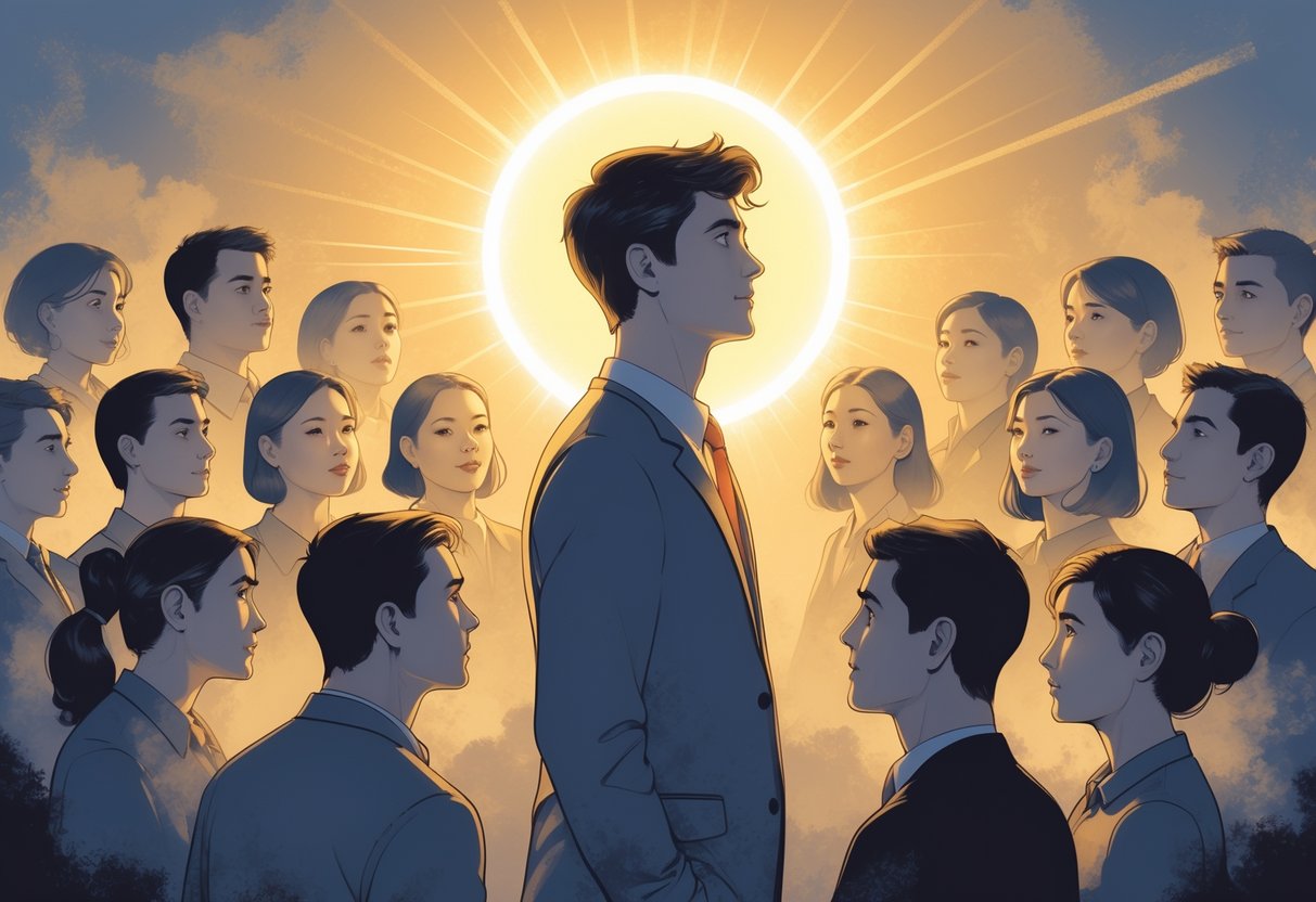 A person with a glowing halo around their head is surrounded by others who look at them with admiration and bias.