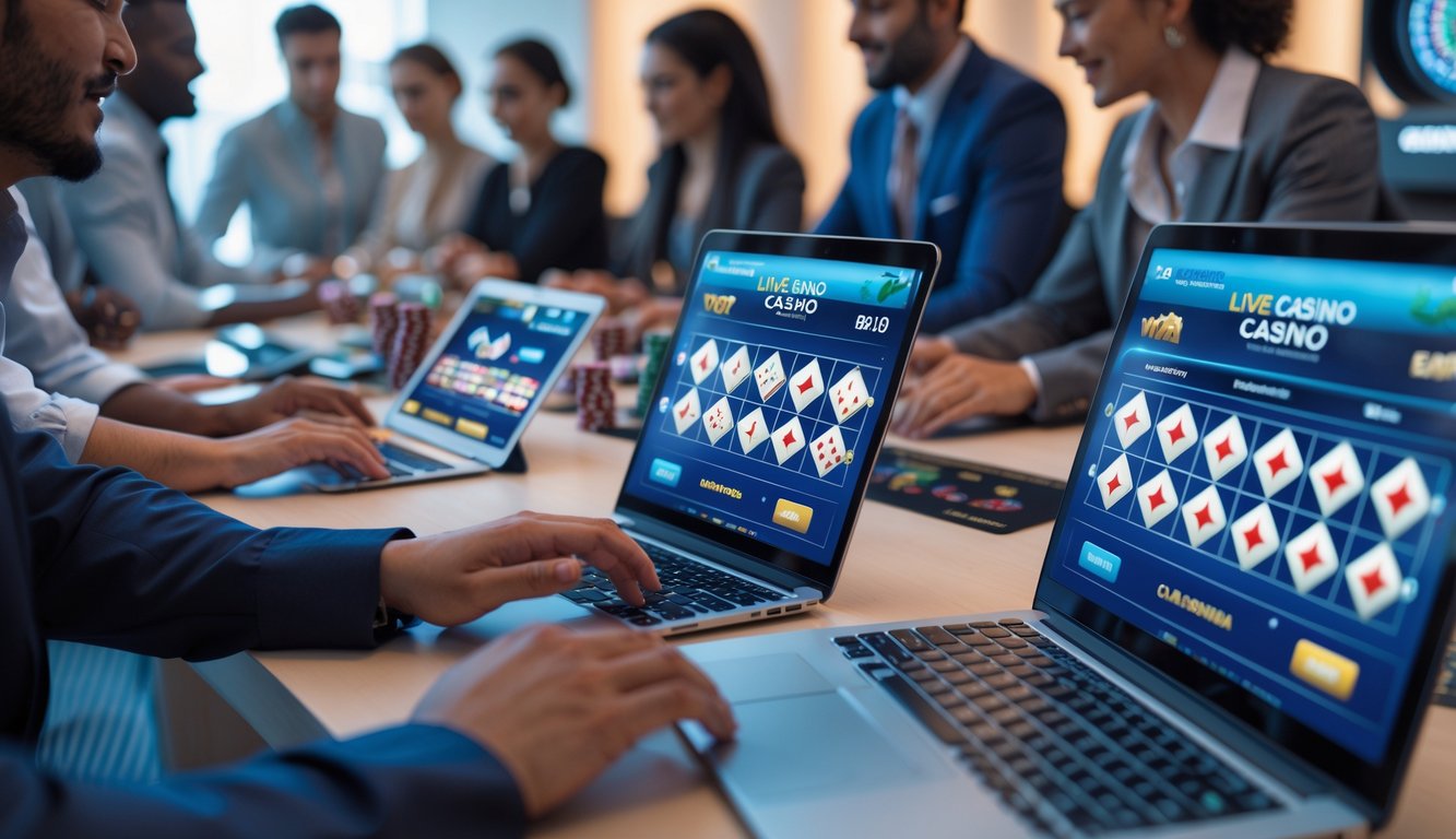 Orang-orang menggunakan perangkat digital untuk bermain permainan kasino langsung secara online dalam ruangan yang terang dan modern.