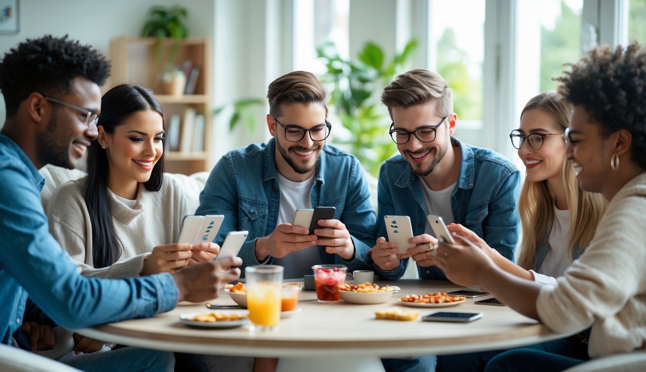 Sekelompok orang muda bermain permainan kartu online dengan perangkat digital di ruang tamu yang terang dan nyaman.