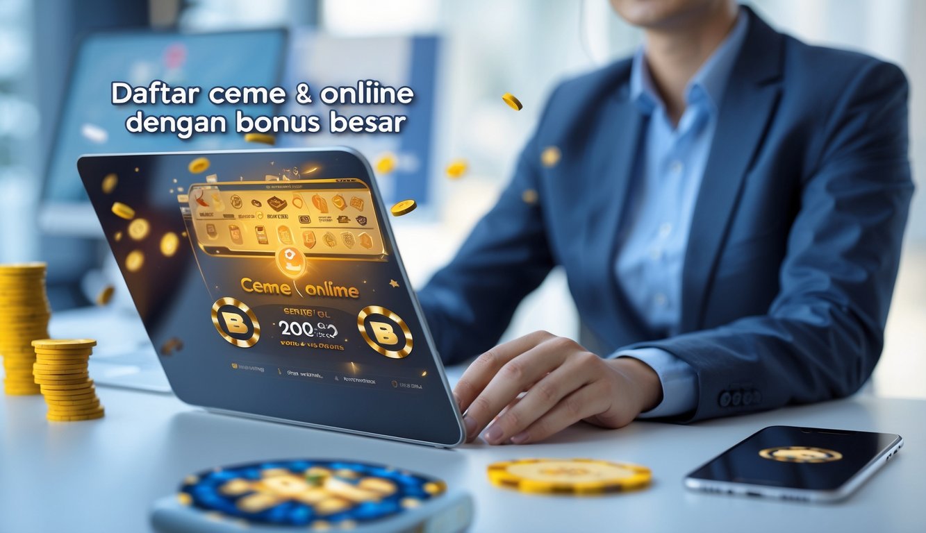 Seseorang menggunakan laptop dengan permainan kartu ceme online di layar, di ruang kerja modern.