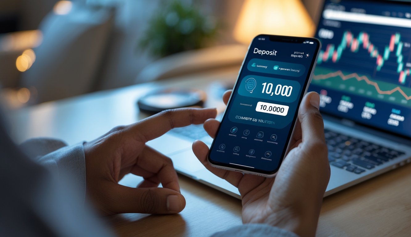 Seorang pria memegang ponsel yang menampilkan aplikasi pembayaran online dengan jumlah deposit 10000, di depan laptop di ruang kerja.