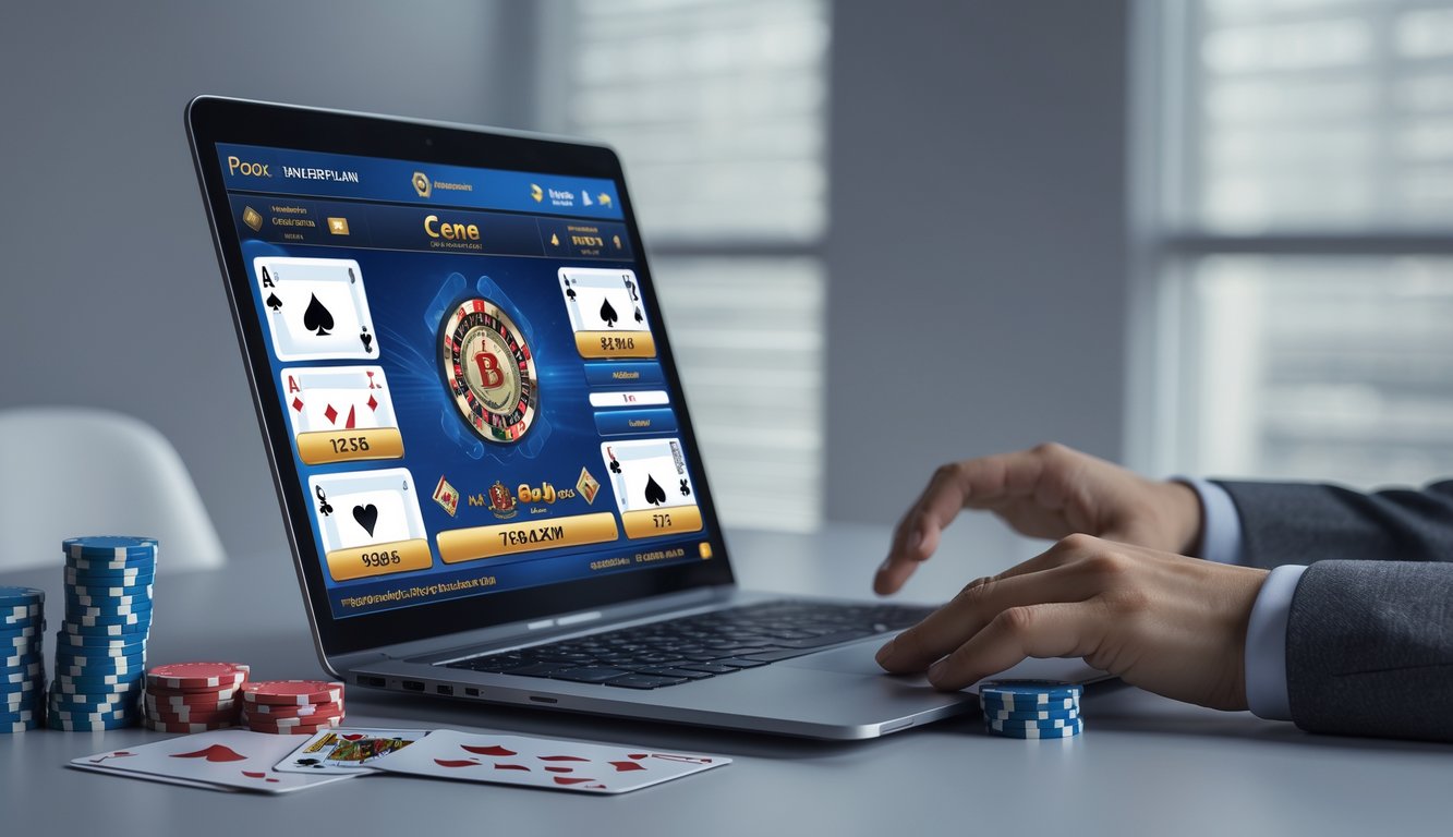 Seseorang sedang bermain permainan kartu ceme online di depan laptop dengan tumpukan chip poker di meja.