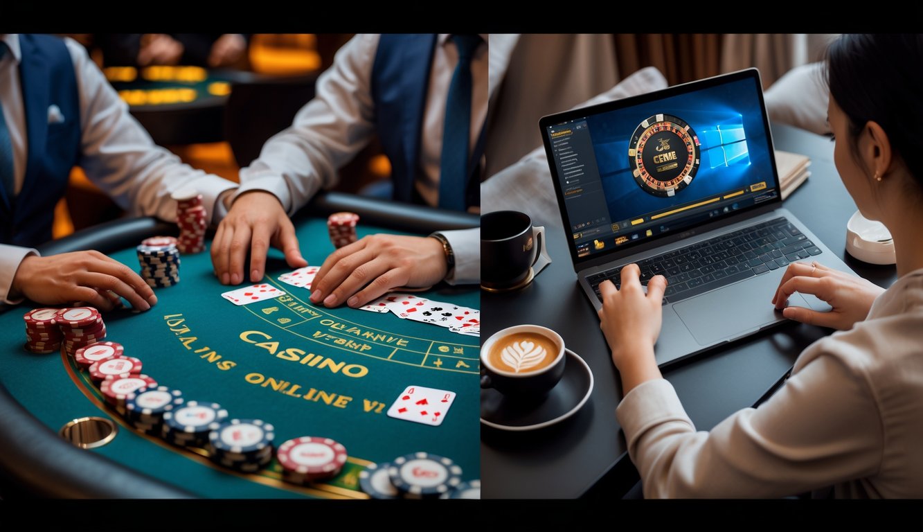 Seseorang bermain ceme secara offline di meja kasino dan seseorang bermain ceme online menggunakan laptop di rumah.