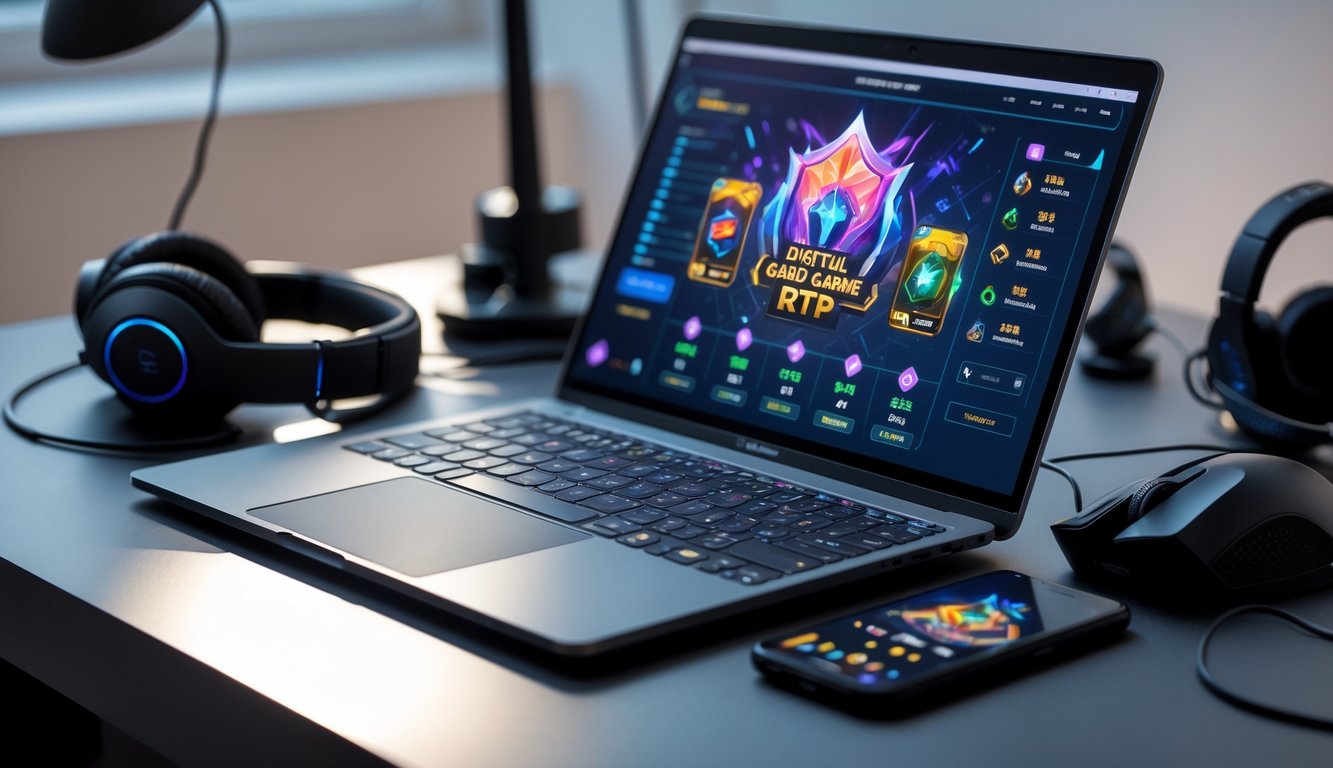 Sebuah meja kerja dengan laptop yang menampilkan permainan kartu online dan aksesori game di sekitarnya.