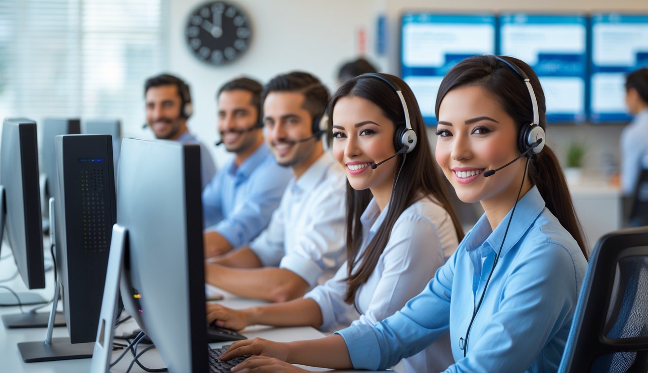 Tim layanan pelanggan yang ramah sedang bekerja di kantor dengan headset dan komputer, memberikan bantuan online 24 jam.
