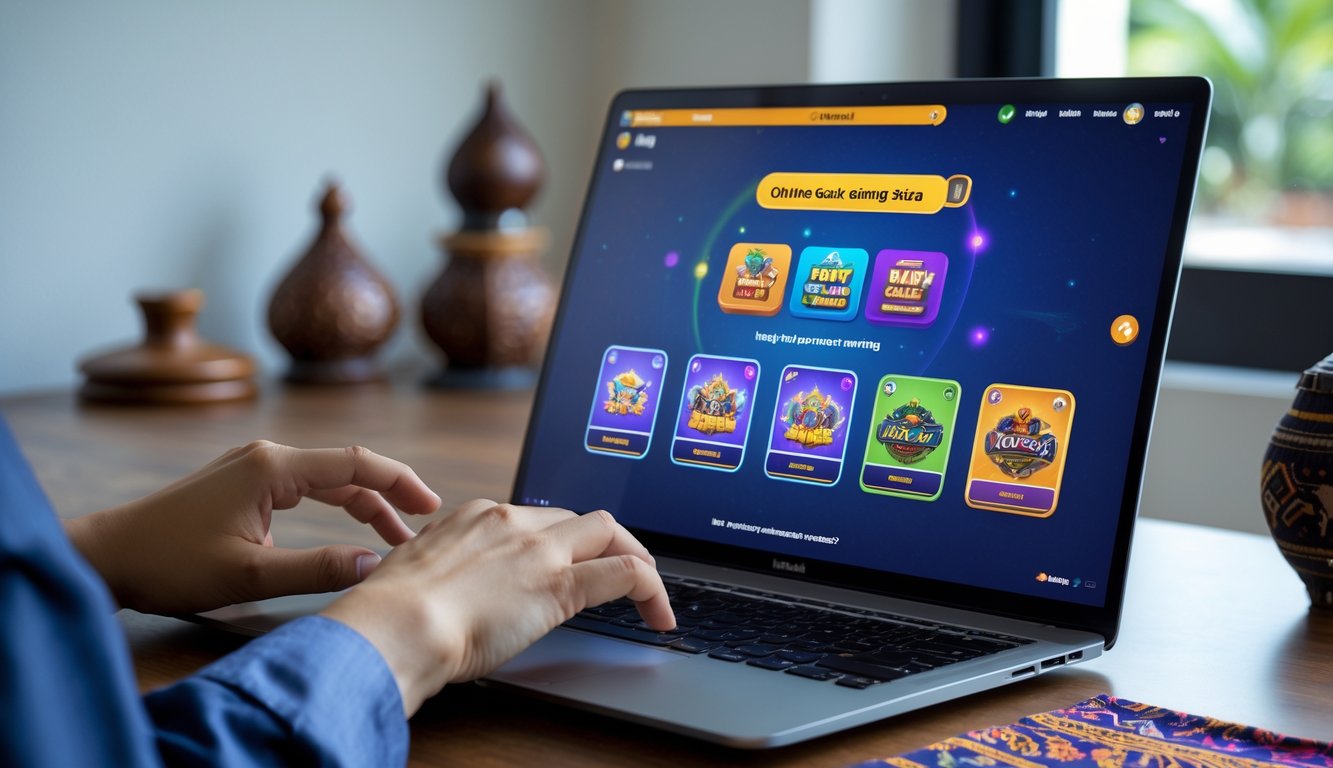 Seseorang menggunakan laptop dengan permainan kartu online di layar di meja kerja dengan ornamen tradisional Indonesia di latar belakang.