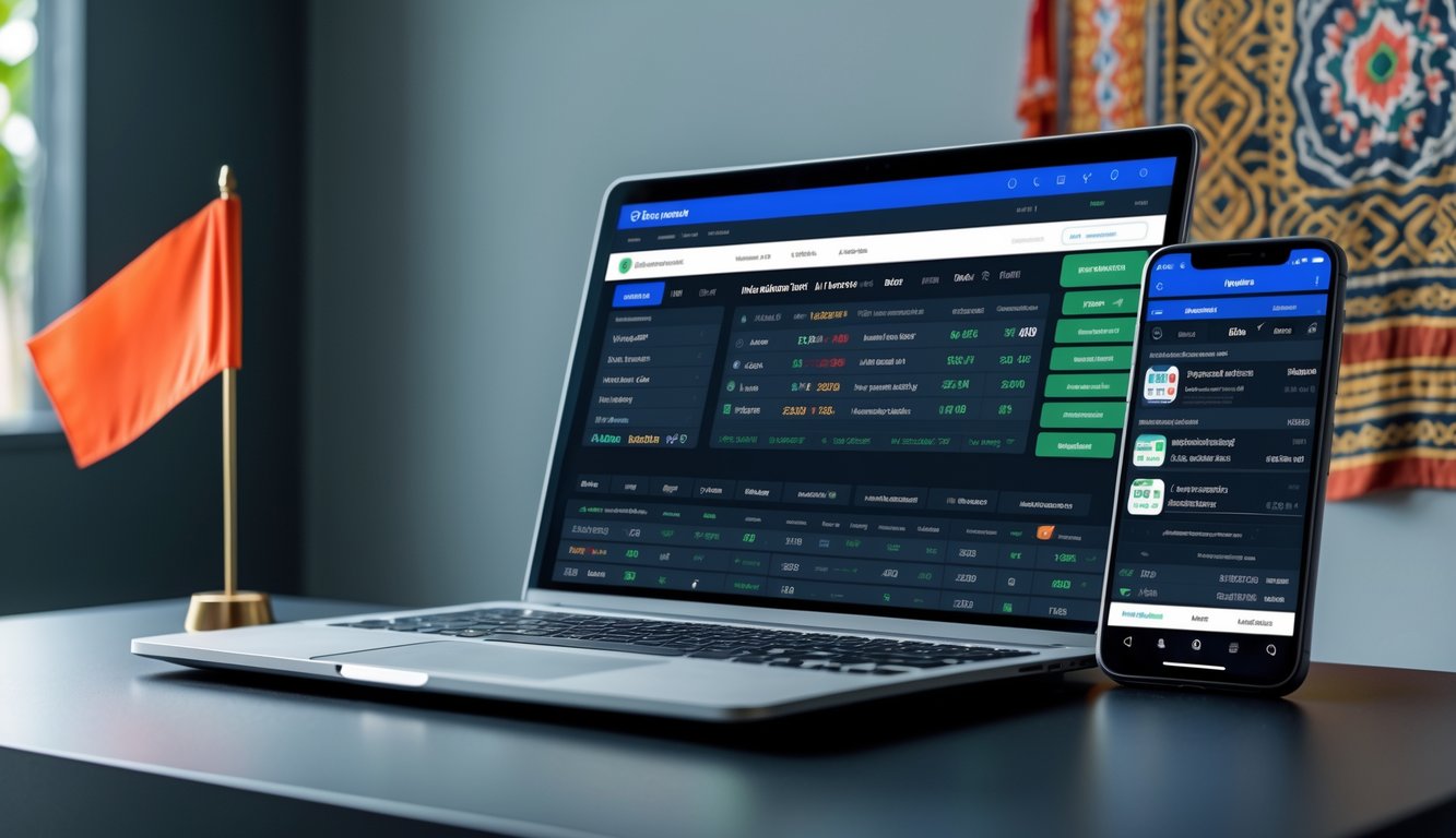 Meja kerja modern dengan laptop dan ponsel yang menampilkan aplikasi taruhan bola online, dengan hiasan bendera Indonesia dan pola batik di latar belakang.