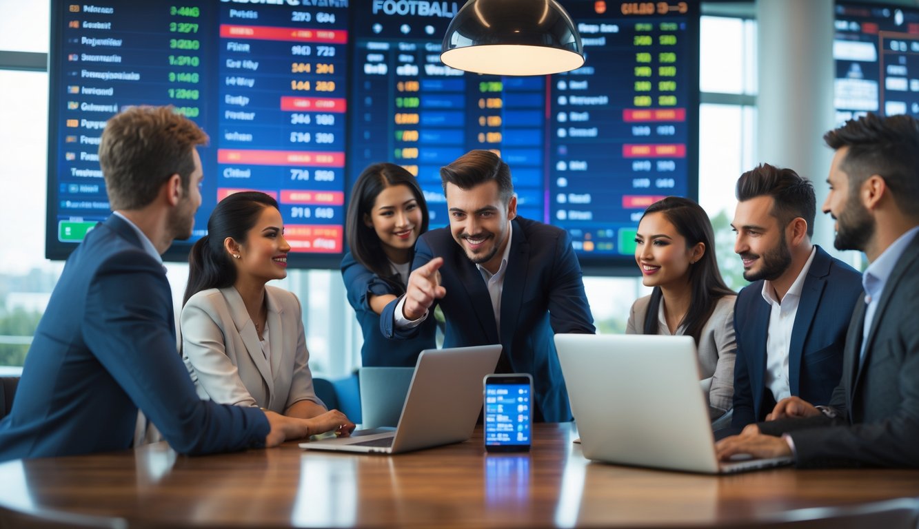 Sekelompok orang sedang melihat layar digital menampilkan statistik dan peluang pertandingan sepak bola di ruangan modern.