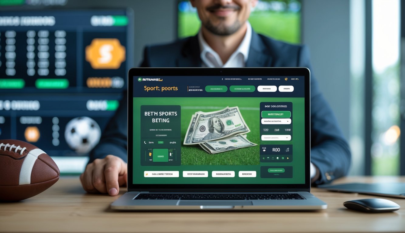 Seseorang menggunakan laptop di meja kerja dengan latar belakang bola sepak dan elemen taruhan olahraga.