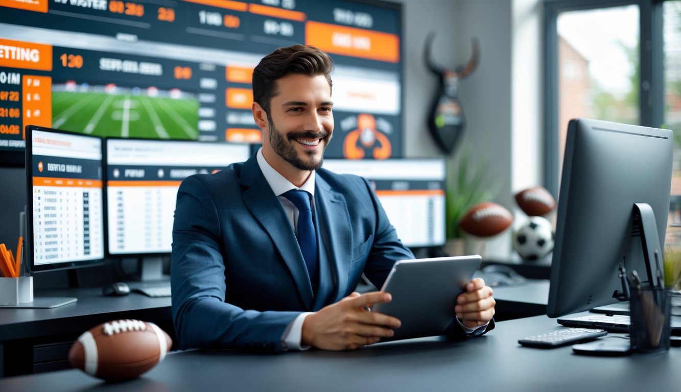 Seorang pria percaya diri duduk di kantor modern dengan beberapa monitor komputer menampilkan informasi taruhan olahraga dan promosi.