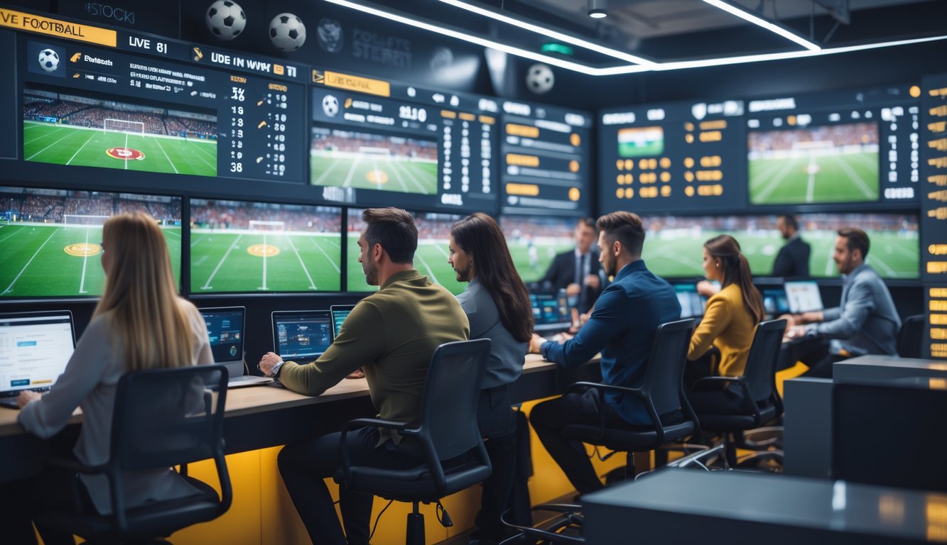 Orang-orang sedang menggunakan komputer dan ponsel untuk memasang taruhan sepak bola secara langsung di ruang kerja modern.