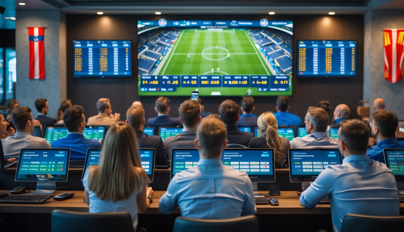 Orang-orang menonton pertandingan sepak bola Eropa di ruang taruhan dengan layar besar dan perangkat digital.