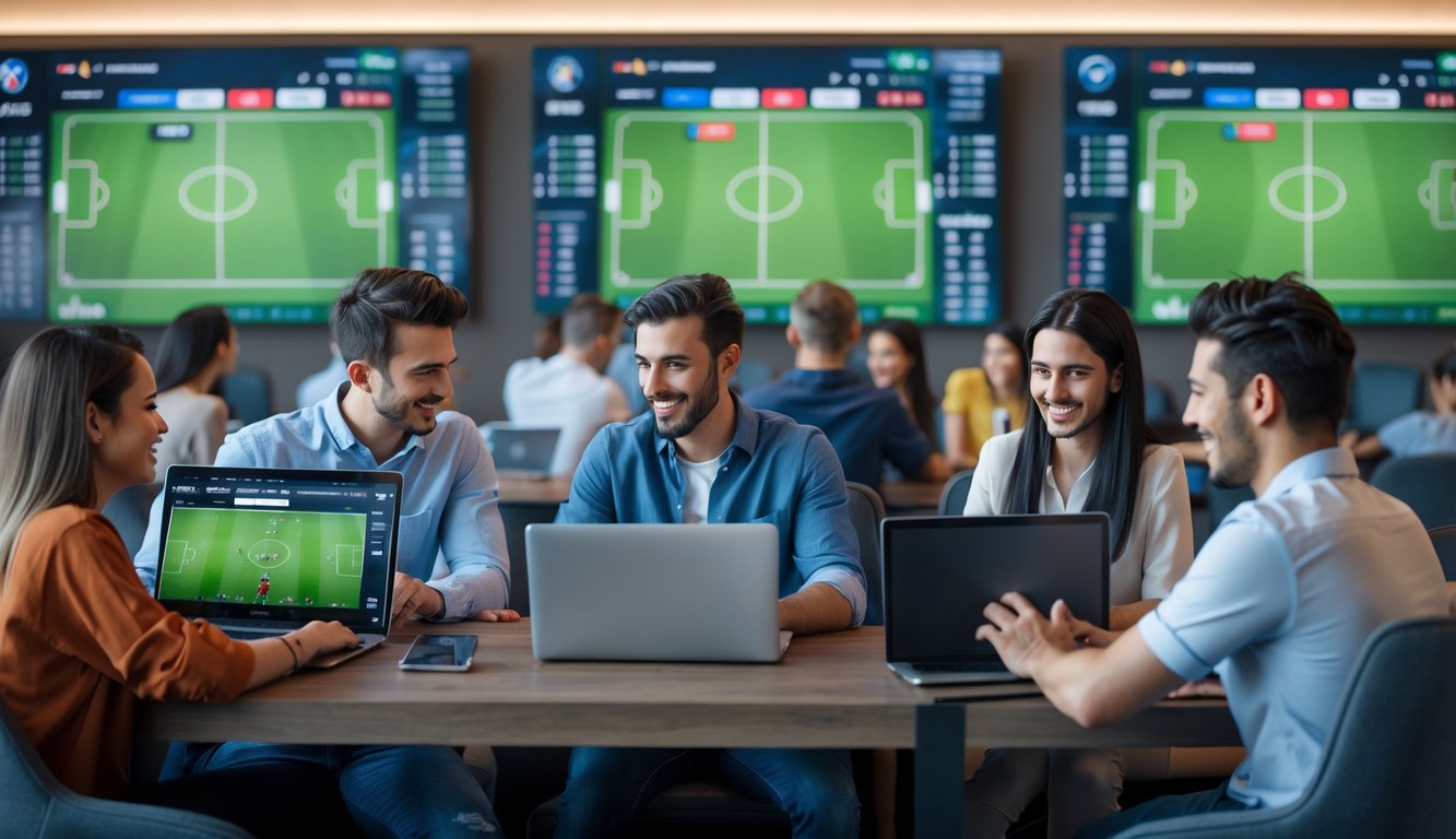 Sekelompok orang muda menggunakan laptop dan ponsel untuk memasang taruhan sepak bola online di ruangan modern dengan layar besar menampilkan pertandingan sepak bola.
