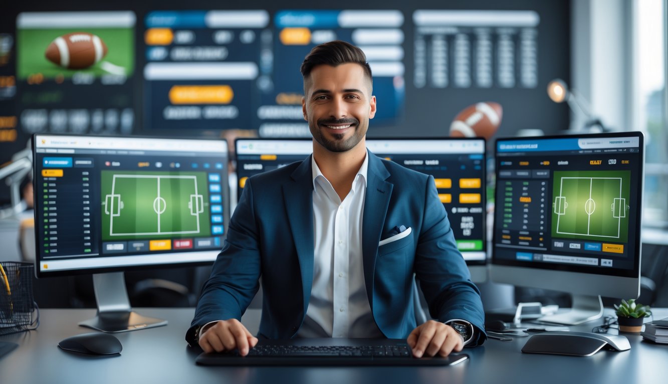 Seorang pria percaya diri duduk di meja dengan beberapa layar komputer yang menampilkan pertandingan olahraga dan peluang taruhan.