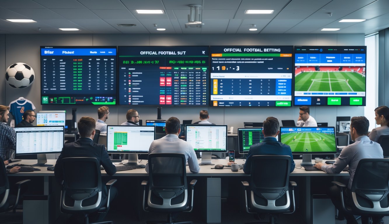 Orang-orang bekerja di kantor modern dengan layar komputer menampilkan data taruhan sepak bola resmi.