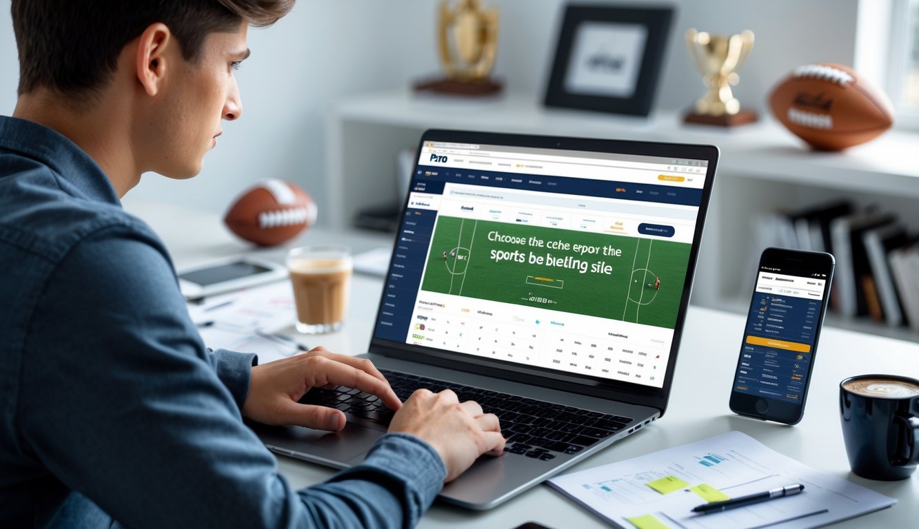Seorang pemula sedang duduk di meja dengan laptop terbuka yang menampilkan situs taruhan olahraga, dikelilingi catatan dan ponsel, di ruangan terang dengan dekorasi olahraga.