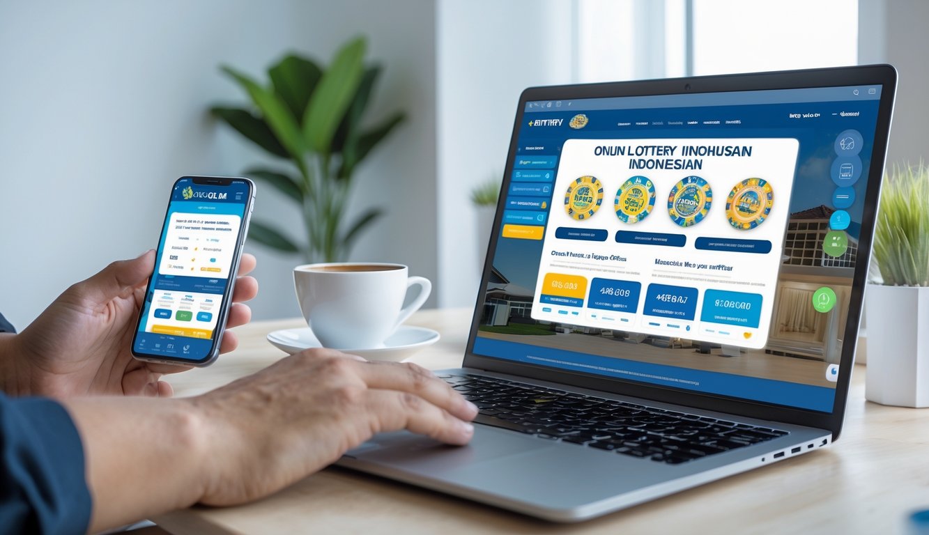 Seseorang menggunakan laptop dan ponsel di meja kerja dengan tanaman dan kopi di latar belakang.