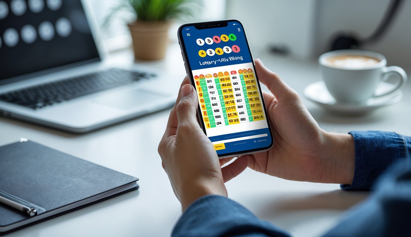 Seseorang menggunakan ponsel pintar untuk melihat situs togel online di meja kerja dengan kopi dan laptop di latar belakang.