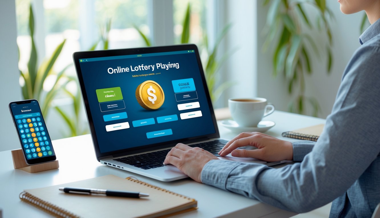 Seseorang menggunakan laptop di ruang kerja rumah yang rapi dengan suasana aman dan nyaman.