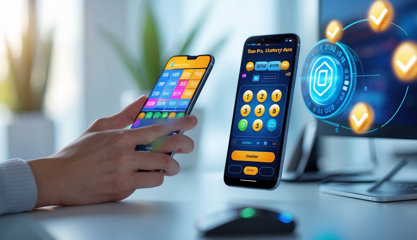 Tangan memegang ponsel dengan layar menampilkan aplikasi togel 4D online, dengan latar belakang ikon kecepatan dan keamanan pembayaran.