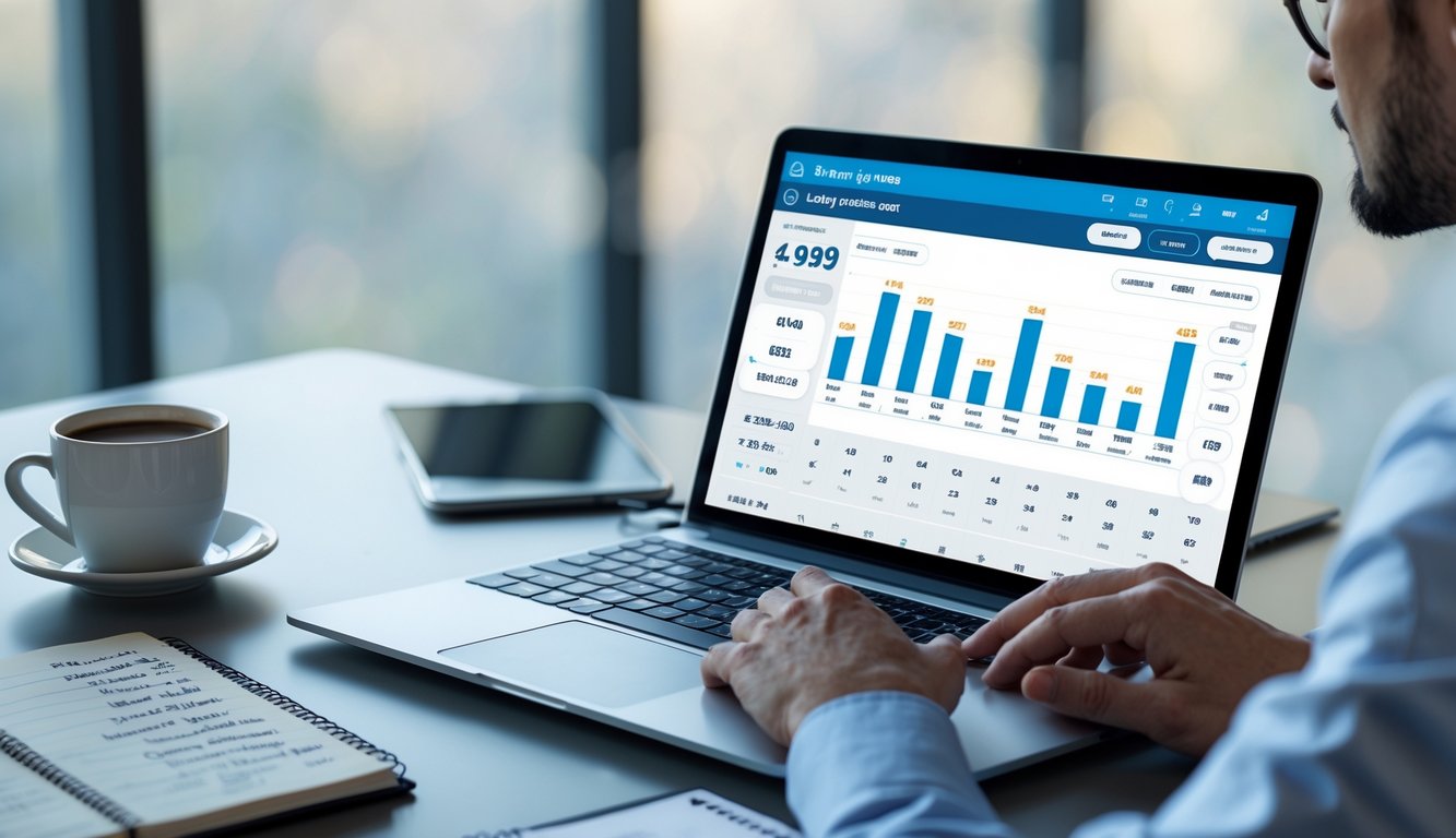 Seseorang sedang bekerja di meja dengan laptop, catatan, dan ponsel yang menampilkan prediksi togel online.
