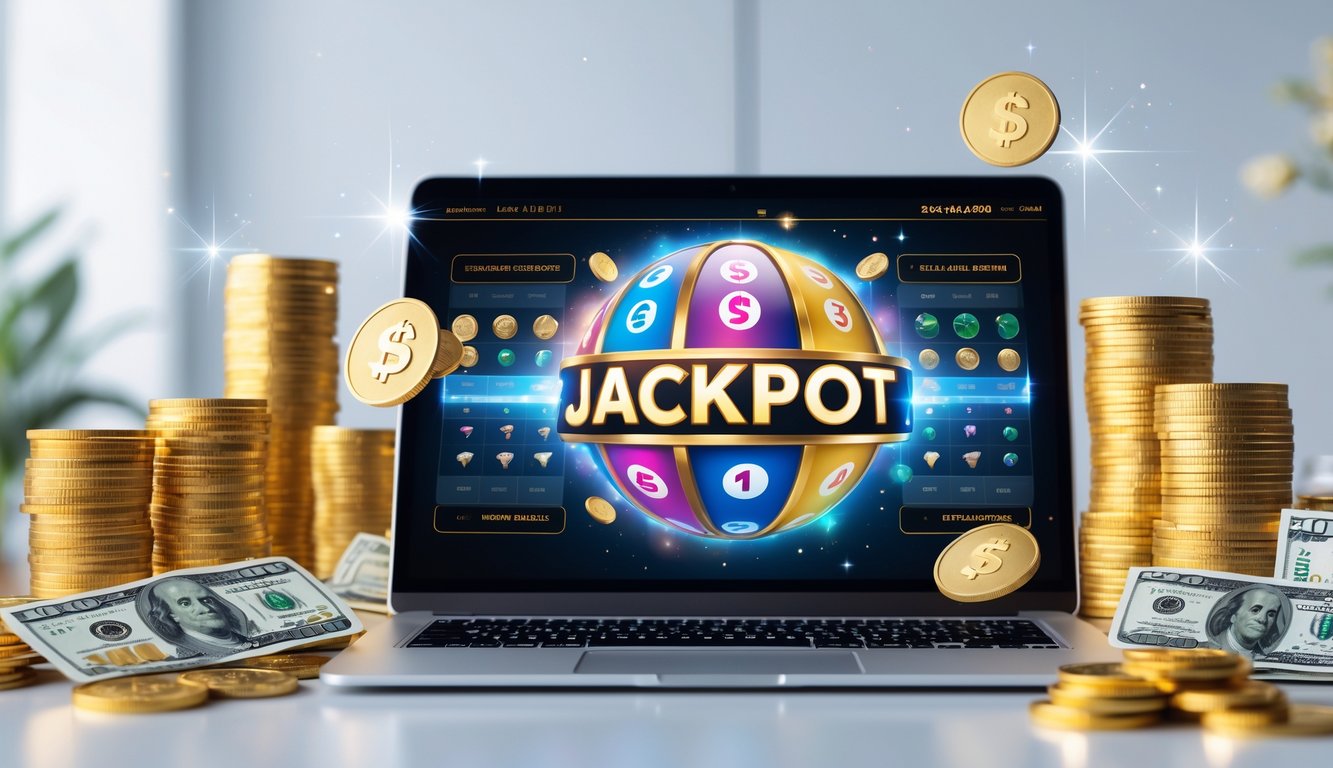 Seorang pria menggunakan laptop di meja kerja dengan koin emas dan uang di sekitarnya, menunjukkan konsep jackpot besar dalam situs togel online.