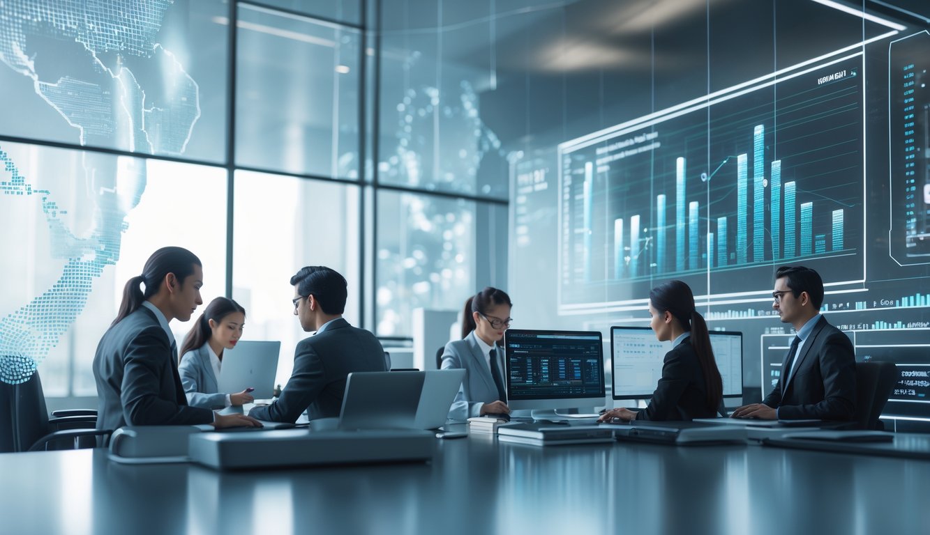 Suasana kantor modern dengan profesional yang bekerja menggunakan komputer dan perangkat digital, menampilkan grafik abstrak terkait lotere di layar transparan.