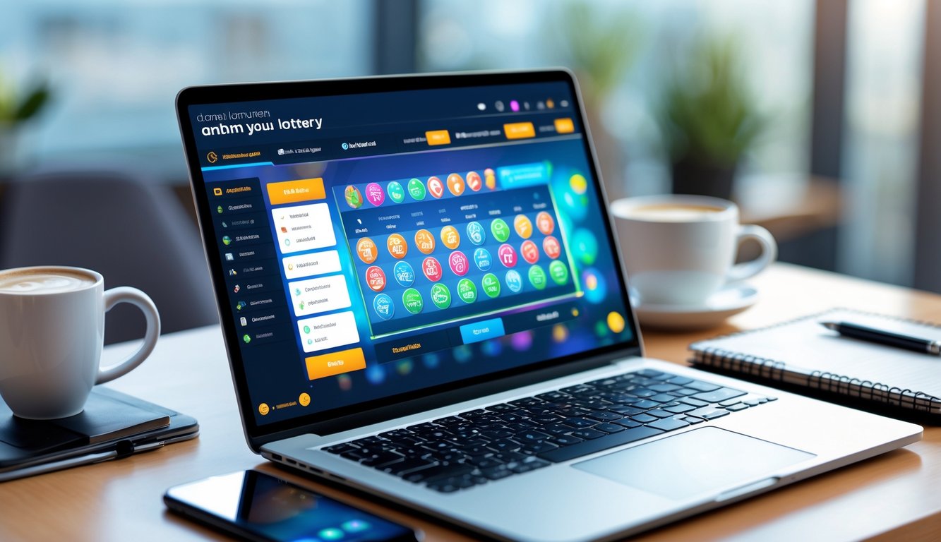 Meja kerja dengan laptop menampilkan antarmuka permainan togel online dan beberapa barang seperti ponsel, kopi, dan buku catatan.