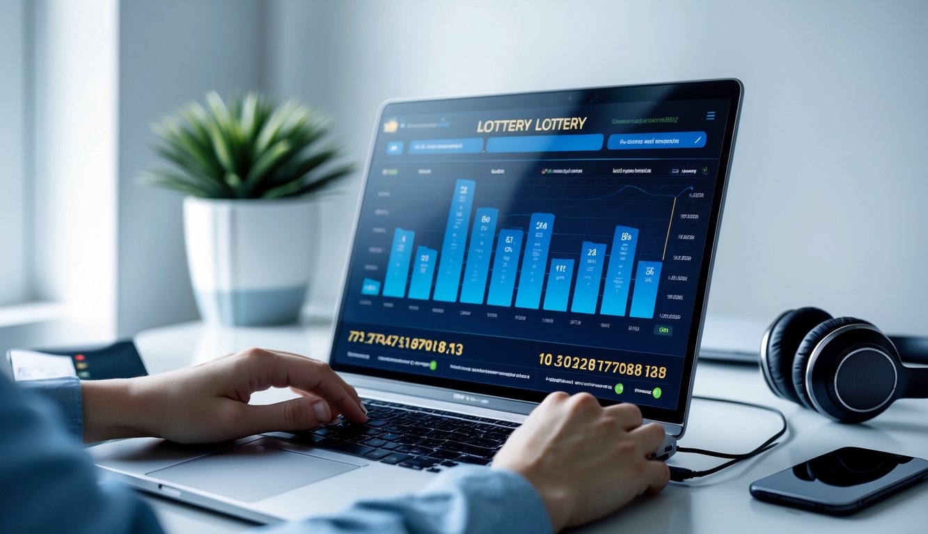 Seseorang menggunakan laptop di ruang kerja modern dengan layar menampilkan hasil undian langsung yang diperbarui setiap hari.