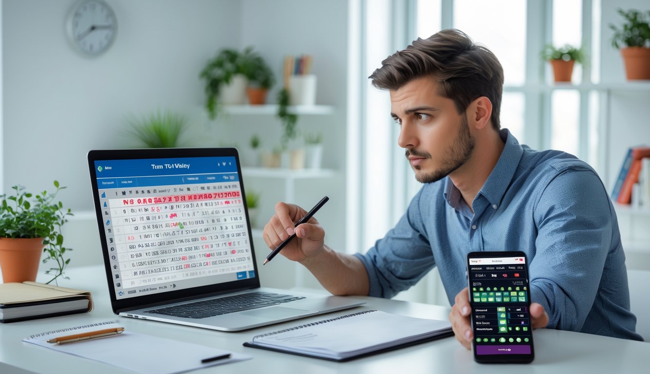 Seorang pria muda duduk di meja dengan laptop dan buku catatan, fokus mempelajari angka dan strategi bermain togel online.