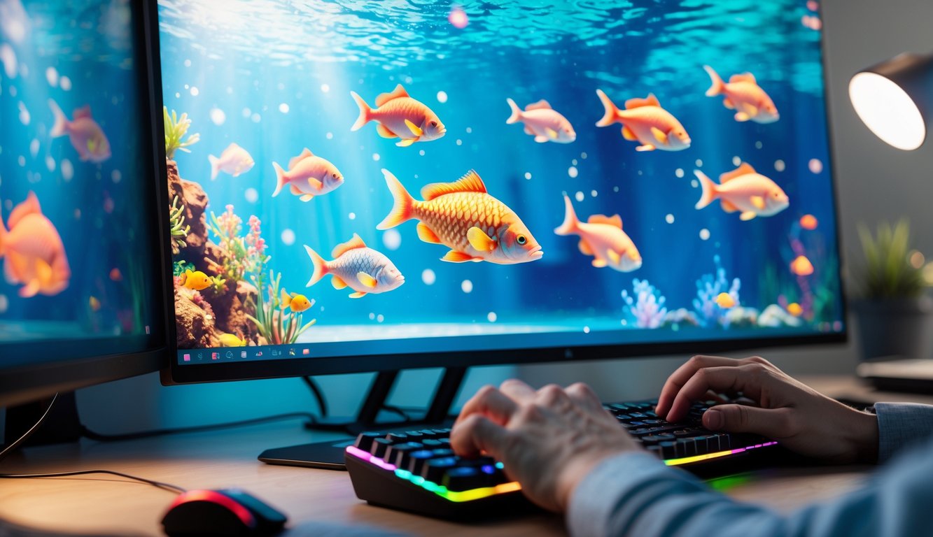 Seseorang sedang bermain permainan menembak ikan online di depan komputer dengan layar menampilkan ikan-ikan berwarna-warni di bawah laut.