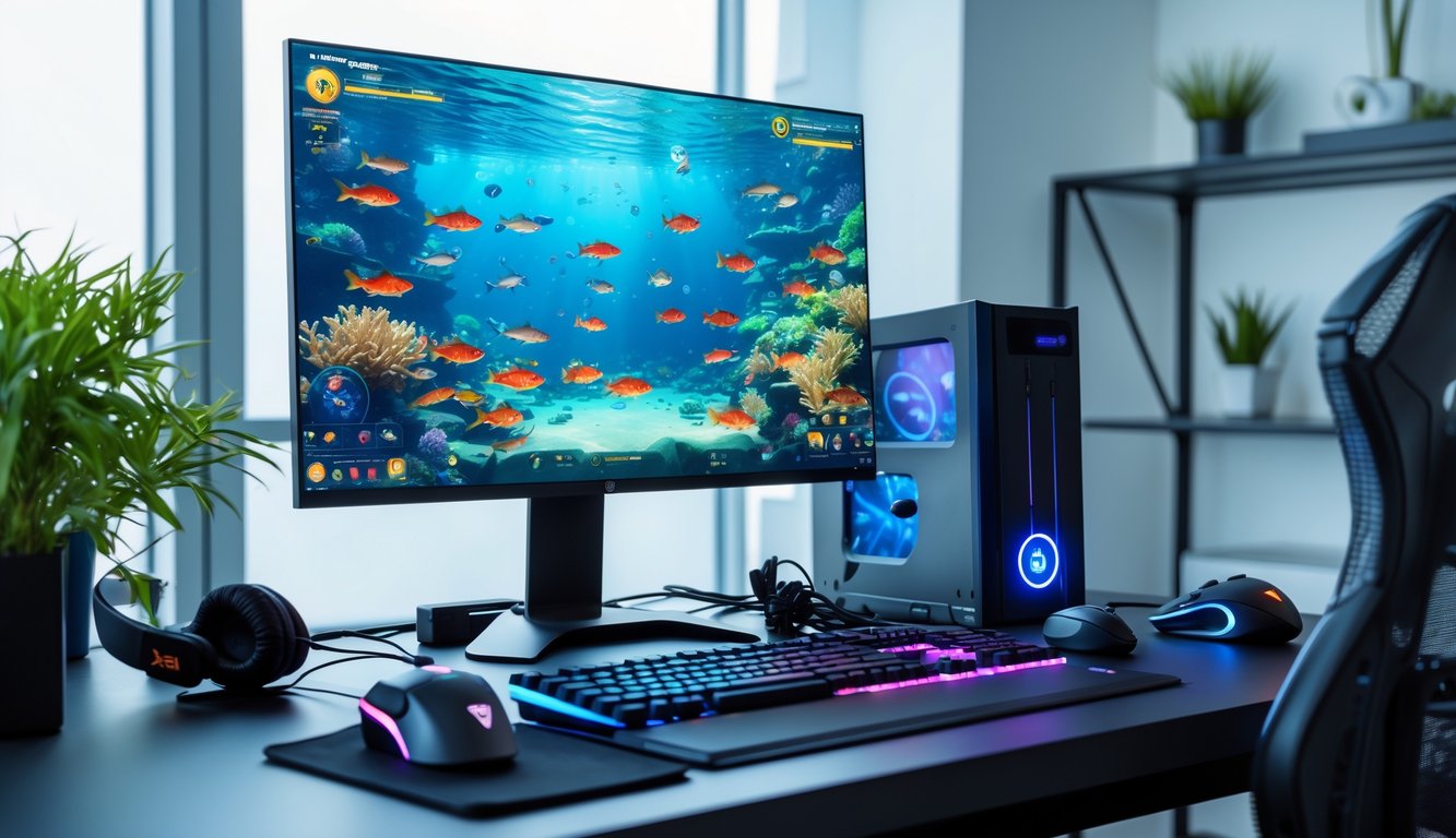 Sebuah meja kerja dengan komputer menampilkan permainan tembak ikan online, dilengkapi dengan aksesori gaming di ruangan yang terang dan rapi.