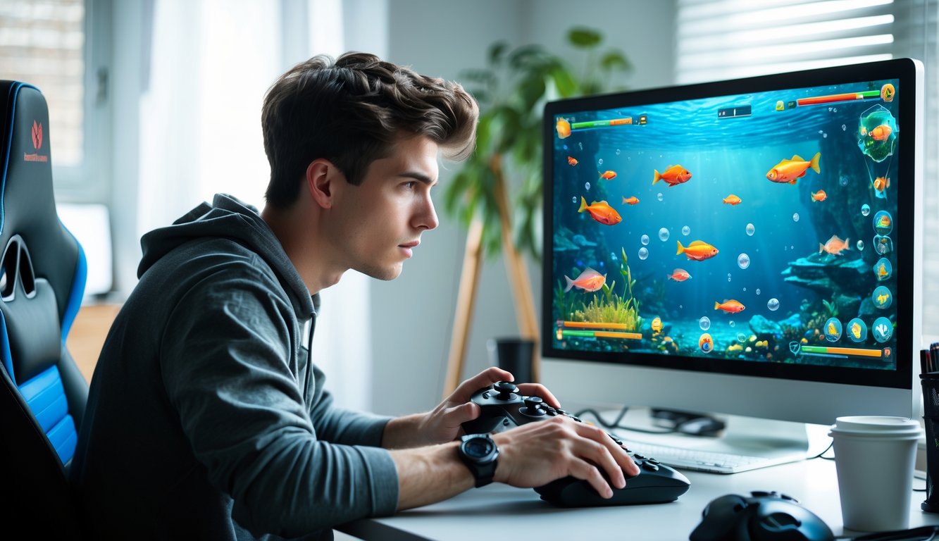 Seorang pria muda sedang fokus bermain permainan tembak ikan online di depan komputer di ruang kerja modern.
