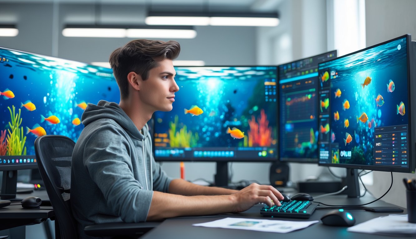 Seorang dewasa muda duduk di depan komputer dengan beberapa layar menampilkan permainan tembak ikan online, tampak fokus dan menganalisis data permainan dalam ruangan kantor yang terang dan rapi.