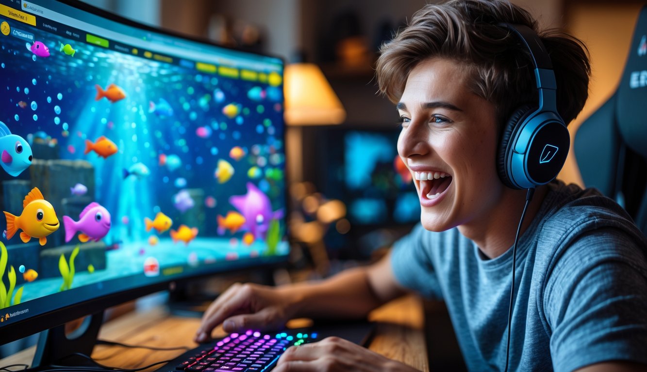 Seorang dewasa muda sedang bermain game tembak ikan online dengan ekspresi fokus dan senang di depan layar komputer di ruangan yang nyaman.