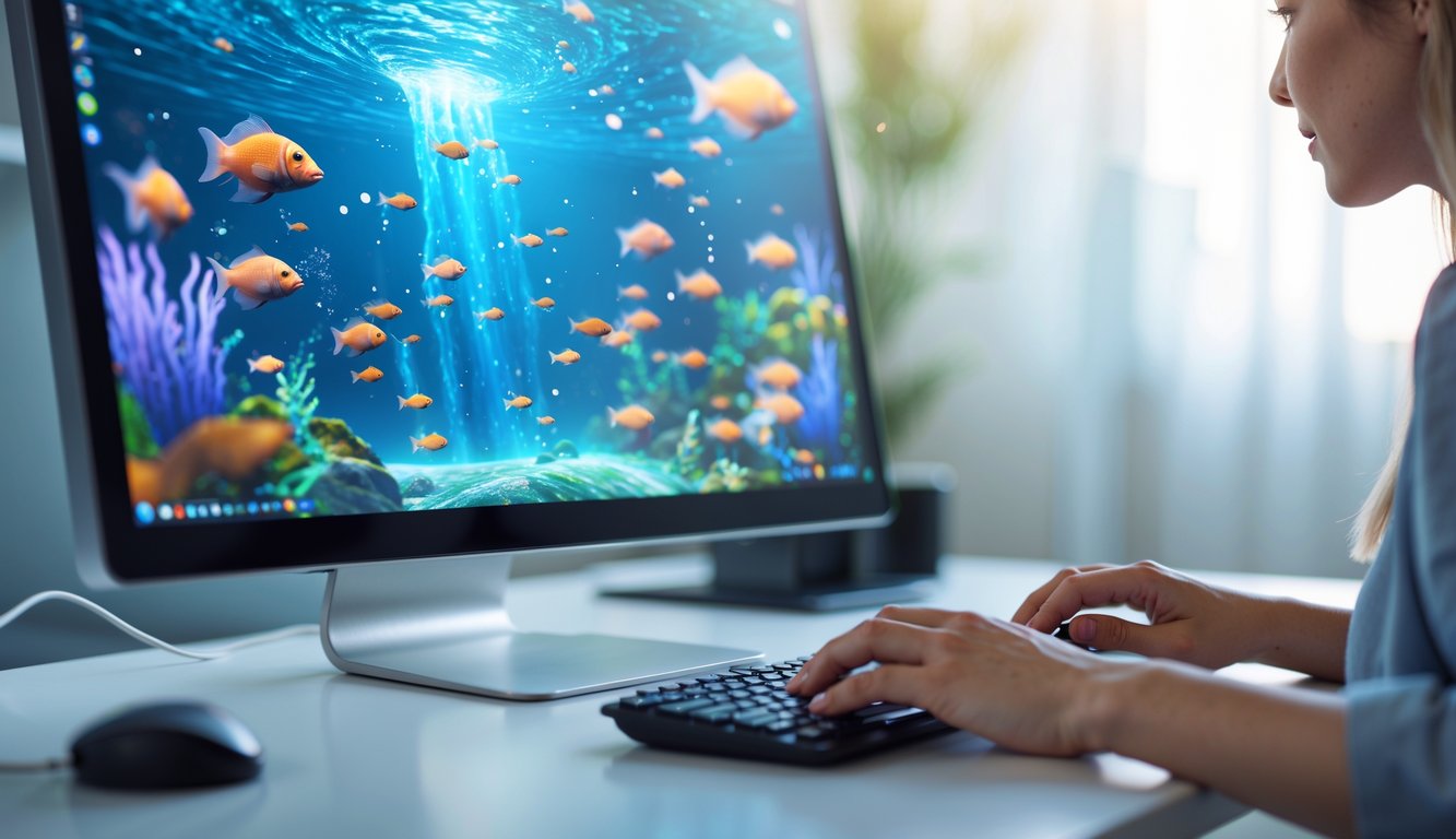 Seseorang menggunakan komputer desktop dengan layar menampilkan permainan tembak ikan online berwarna-warni di meja kerja yang rapi.