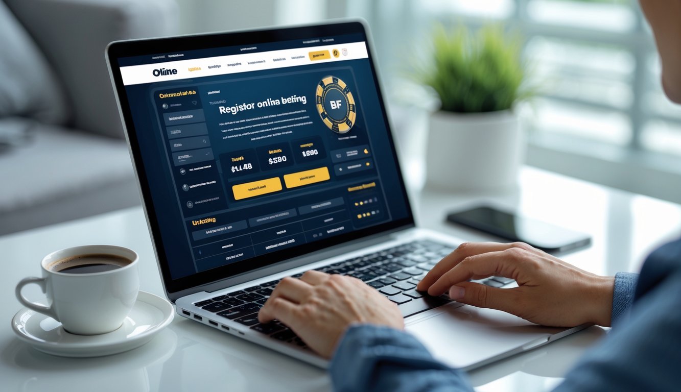 Seseorang sedang menggunakan laptop di meja kerja dengan ponsel dan secangkir kopi di sampingnya.