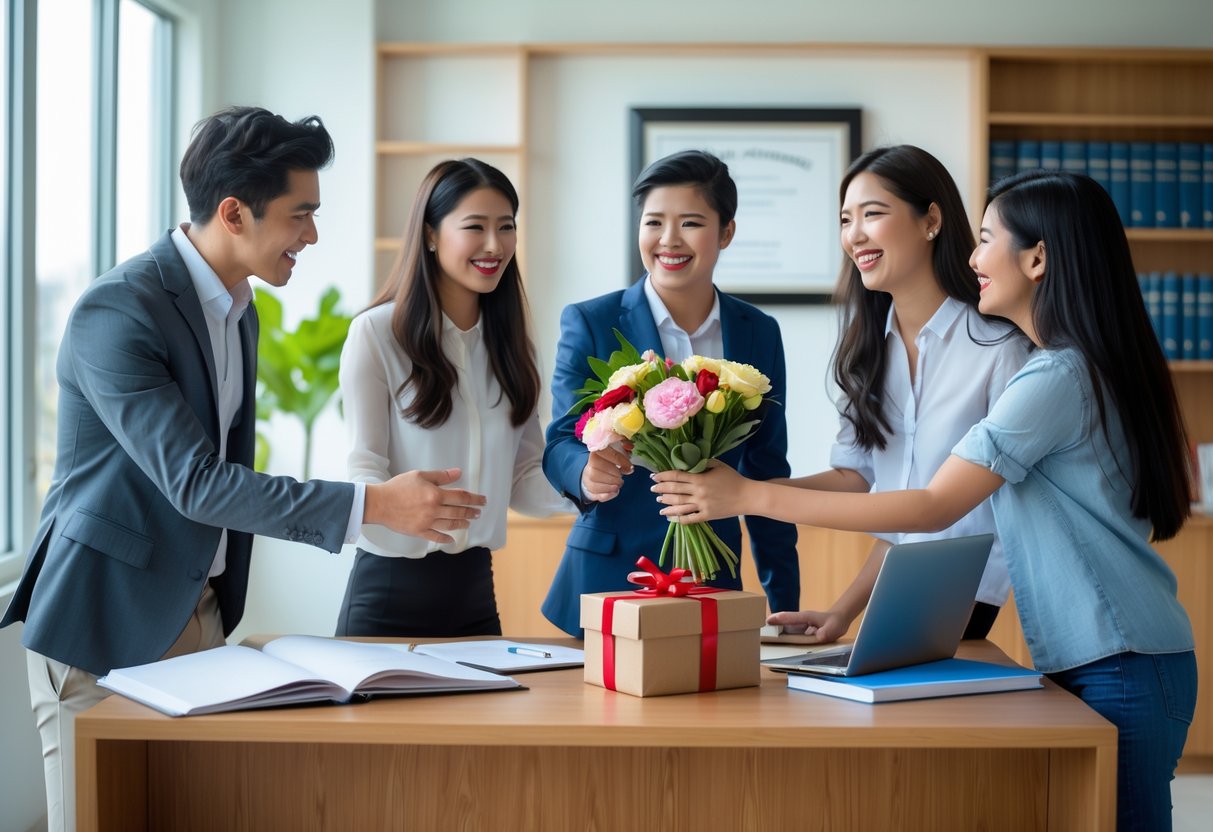 A group of young adults celebrating a PhD achievement in a bright office with books, a laptop, flowers, and a gift.