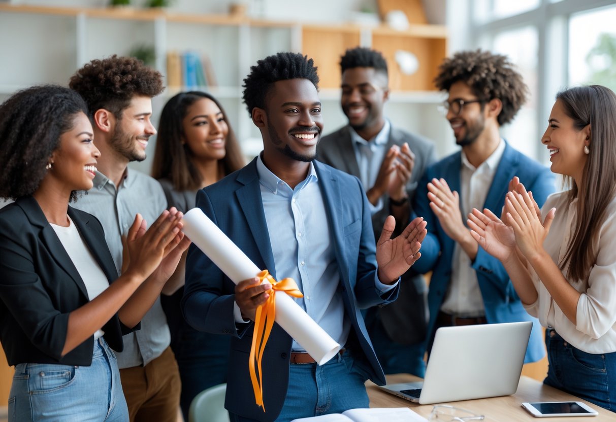 A group of people celebrating a young adult holding a diploma indoors, smiling and congratulating each other.