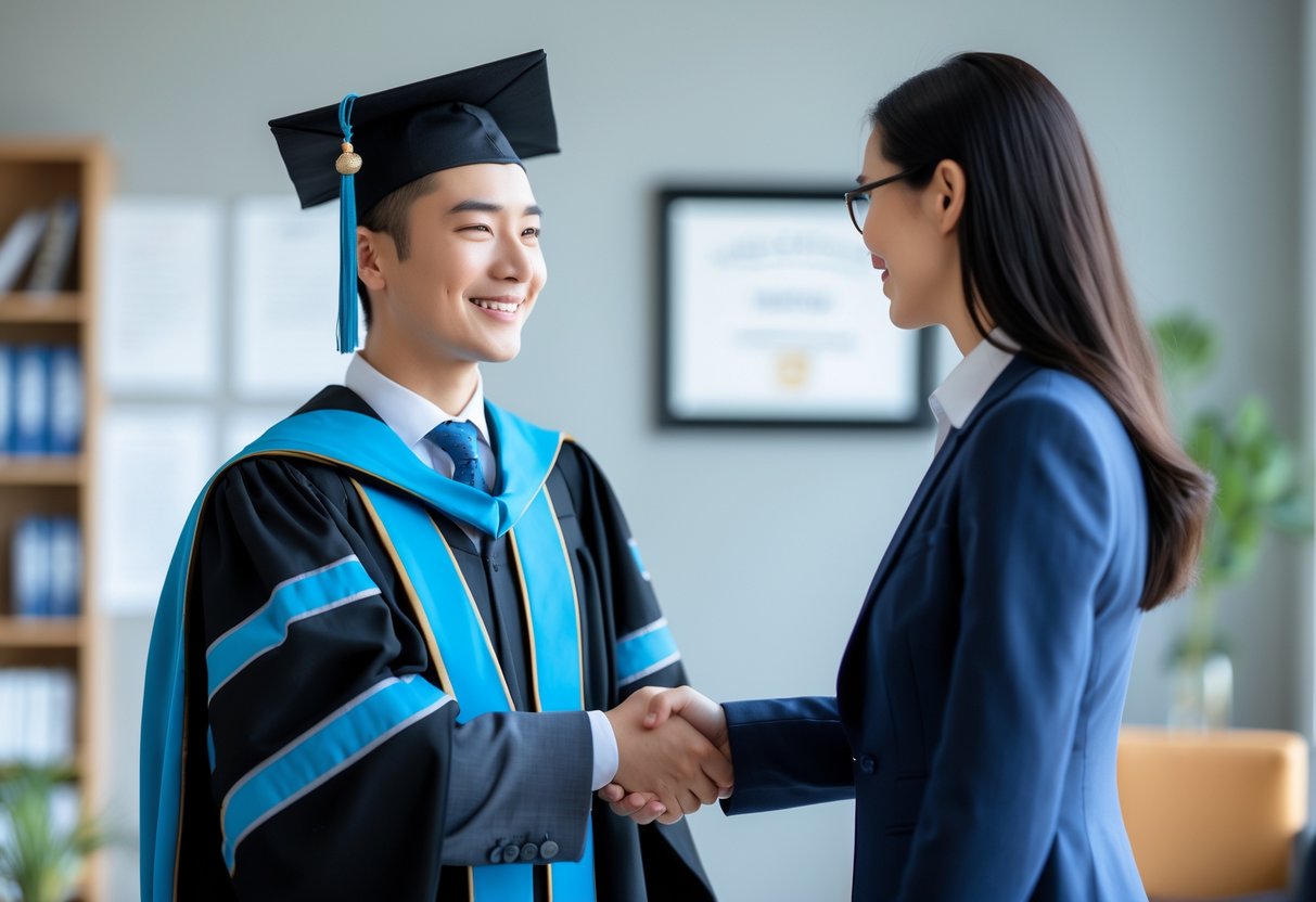 A person in academic regalia receiving a congratulatory handshake from a professionally dressed individual in an office setting.