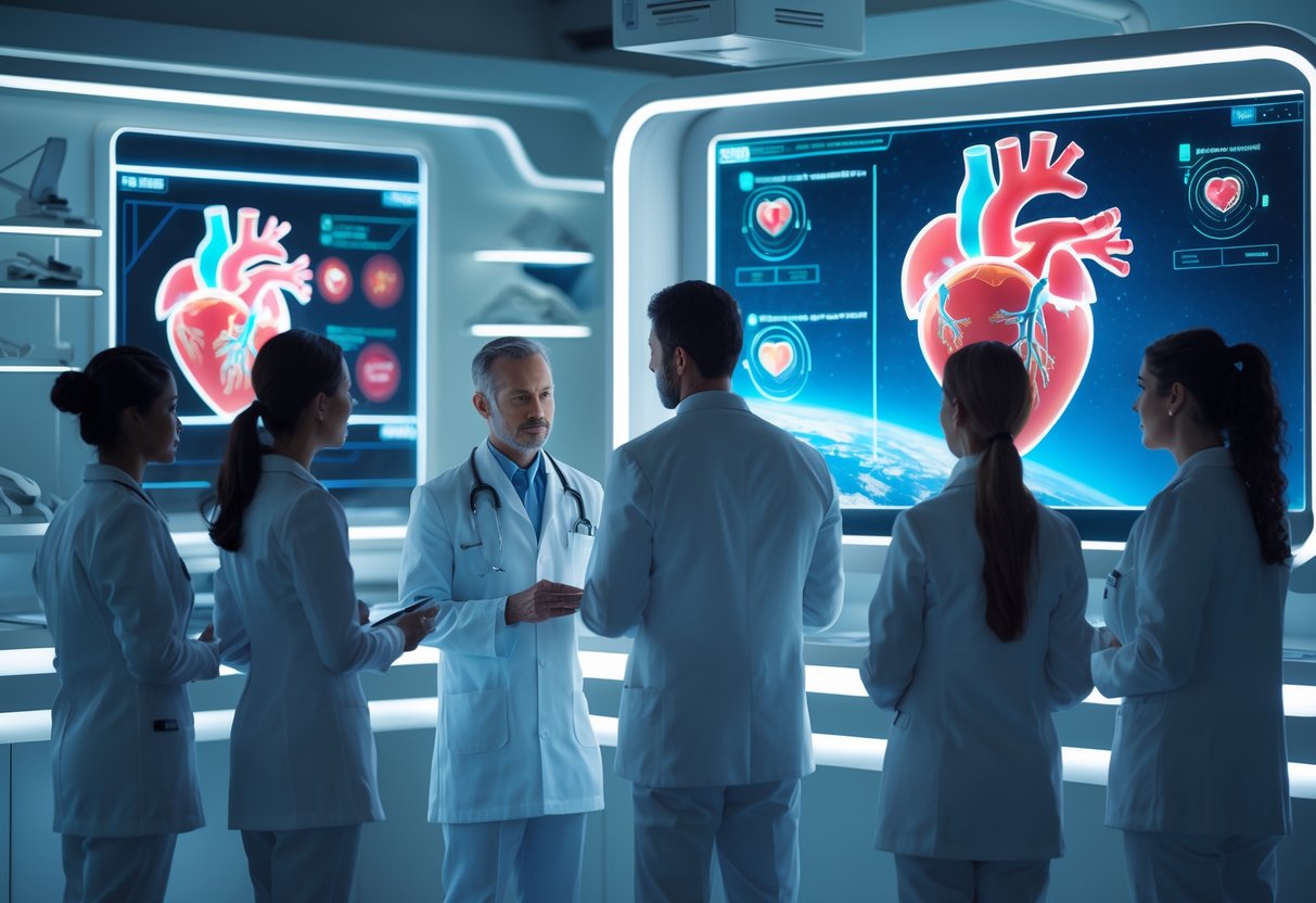 Medical professionals reviewing heart health data with space travel elements visible through a window in a modern clinic.