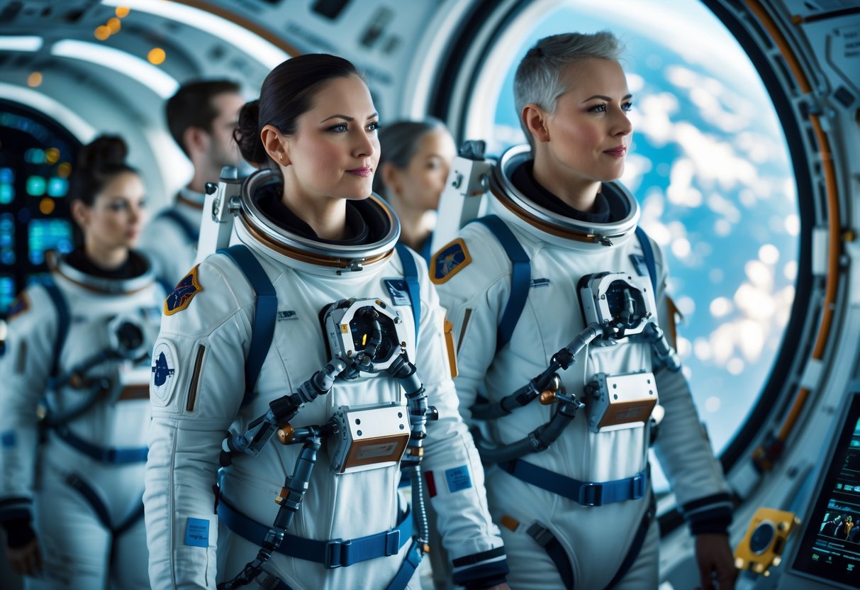 Two astronauts, a man and a woman, wearing space suits with medical monitors, standing inside a spacecraft with Earth visible through the windows.