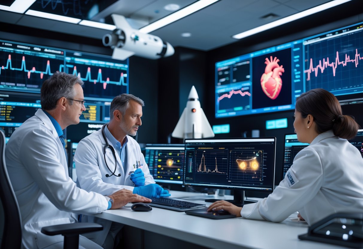 A group of aerospace professionals and a doctor reviewing heart rate data and spacecraft information in a high-tech spaceflight control center.